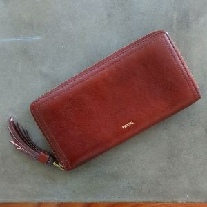 Red leather clutch